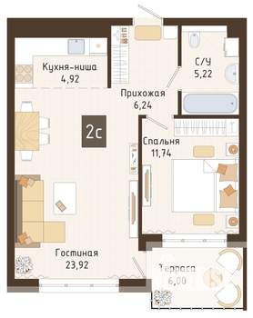 2-к квартира, вторичка, 52м2, 2/7 этаж