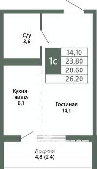 1-к квартира, вторичка, 26м2, 2/15 этаж