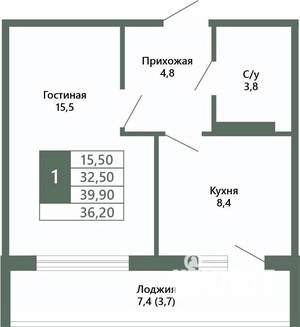 1-к квартира, вторичка, 36м2, 14/15 этаж