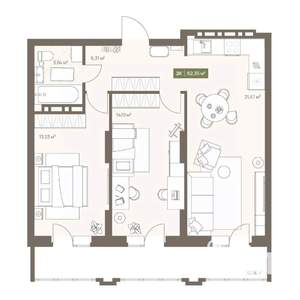 2-к квартира, вторичка, 62м2, 5/16 этаж