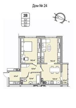 2-к квартира, строящийся дом, 63м2, 13/17 этаж