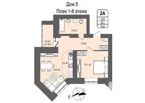 2-к квартира, строящийся дом, 56м2, 3/16 этаж