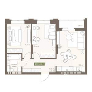 2-к квартира, вторичка, 55м2, 10/16 этаж