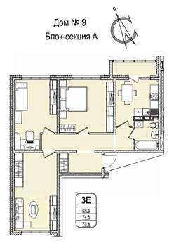 3-к квартира, строящийся дом, 76м2, 3/16 этаж