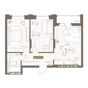 2-к квартира, вторичка, 56м2, 14/16 этаж