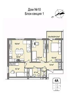 4-к квартира, строящийся дом, 69м2, 9/16 этаж