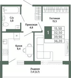 1-к квартира, вторичка, 36м2, 4/15 этаж