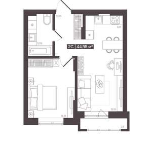 2-к квартира, вторичка, 45м2, 3/16 этаж
