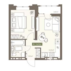 1-к квартира, вторичка, 35м2, 7/16 этаж