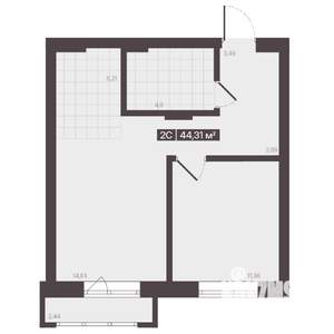 2-к квартира, строящийся дом, 44м2, 7/9 этаж