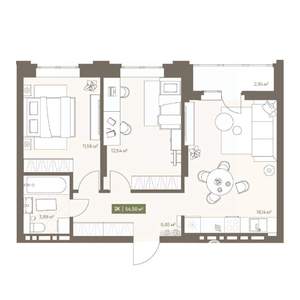 2-к квартира, вторичка, 55м2, 4/16 этаж