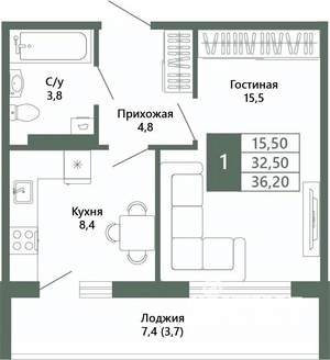 1-к квартира, вторичка, 36м2, 13/15 этаж