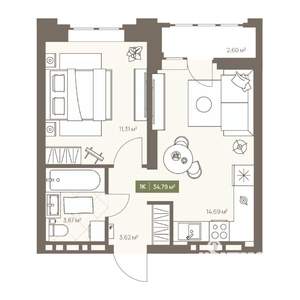 1-к квартира, вторичка, 35м2, 6/16 этаж