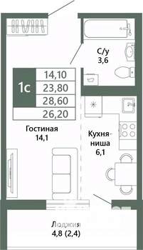 1-к квартира, вторичка, 26м2, 6/15 этаж