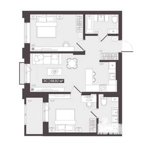 3-к квартира, вторичка, 69м2, 9/16 этаж