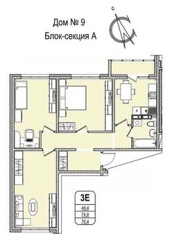 3-к квартира, строящийся дом, 76м2, 11/16 этаж