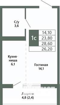 1-к квартира, вторичка, 26м2, 2/15 этаж