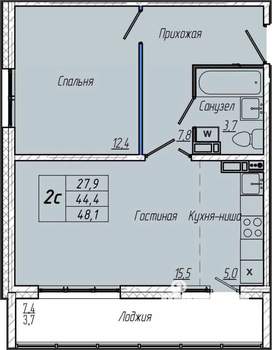 1-к квартира, вторичка, 48м2, 7/16 этаж