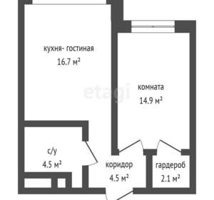 1-к квартира, вторичка, 44м2, 7/15 этаж