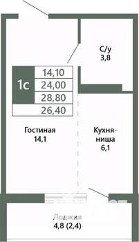 1-к квартира, вторичка, 26м2, 13/15 этаж