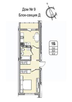 1-к квартира, строящийся дом, 37м2, 6/16 этаж