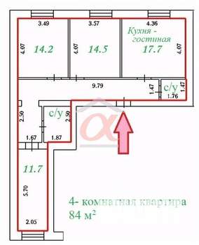 4-к квартира, вторичка, 84м2, 2/3 этаж