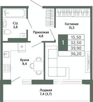 1-к квартира, вторичка, 36м2, 5/15 этаж