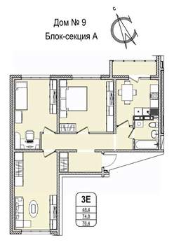 3-к квартира, строящийся дом, 76м2, 15/16 этаж