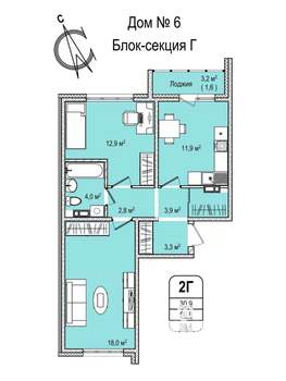 2-к квартира, строящийся дом, 58м2, 13/16 этаж