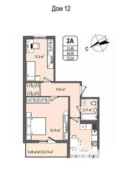 2-к квартира, строящийся дом, 57м2, 1/16 этаж