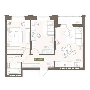 2-к квартира, вторичка, 56м2, 9/16 этаж