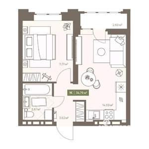 1-к квартира, вторичка, 35м2, 6/16 этаж