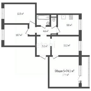 4-к квартира, вторичка, 74м2, 4/9 этаж