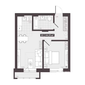 2-к квартира, строящийся дом, 44м2, 5/9 этаж
