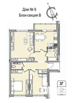 3-к квартира, строящийся дом, 78м2, 15/16 этаж