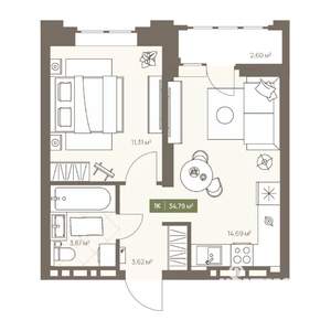 1-к квартира, вторичка, 35м2, 4/16 этаж