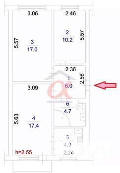 3-к квартира, вторичка, 60м2, 5/5 этаж
