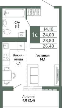 1-к квартира, вторичка, 26м2, 1/15 этаж
