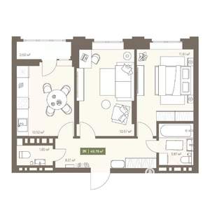 2-к квартира, вторичка, 50м2, 7/16 этаж