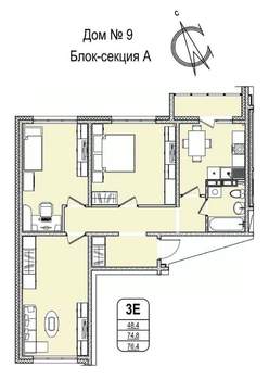 3-к квартира, строящийся дом, 76м2, 6/16 этаж