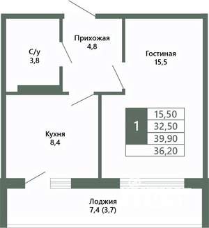1-к квартира, вторичка, 36м2, 3/15 этаж