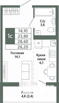 1-к квартира, вторичка, 26м2, 4/15 этаж
