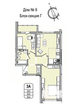 3-к квартира, строящийся дом, 58м2, 2/16 этаж