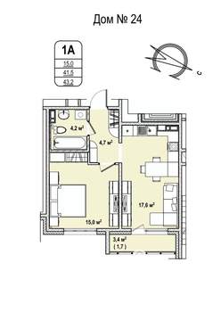 1-к квартира, строящийся дом, 43м2, 7/17 этаж