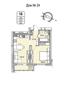 1-к квартира, строящийся дом, 43м2, 3/17 этаж