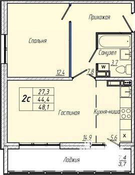1-к квартира, вторичка, 48м2, 13/17 этаж
