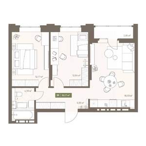 2-к квартира, вторичка, 56м2, 11/16 этаж