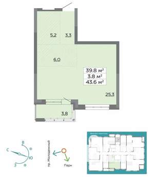 2-к квартира, сданный дом, 44м2, 11/15 этаж