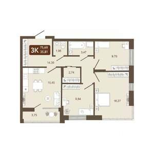 3-к квартира, вторичка, 76м2, 2/25 этаж