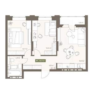 2-к квартира, вторичка, 56м2, 12/16 этаж
